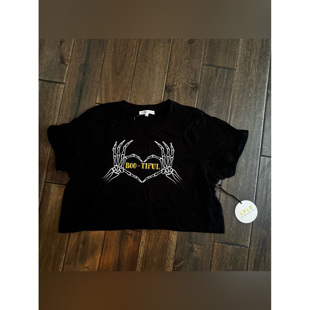 Love Peace & Lazy Days Black BOO-TIFUL Halloween Crop Top T-Shirt Jr. L NWT